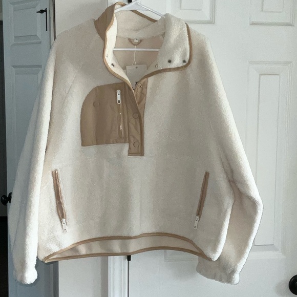 Jawmeu Jackets & Blazers - Cream Teddy Pullover Jacket with Tan Trim - Women's Cozy Outerwear